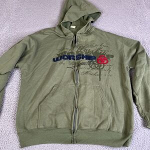 WORSHIP Sweatshirt Jesus Mens XL Green Full Zip Sweater Mathew 4:10 Double Sided